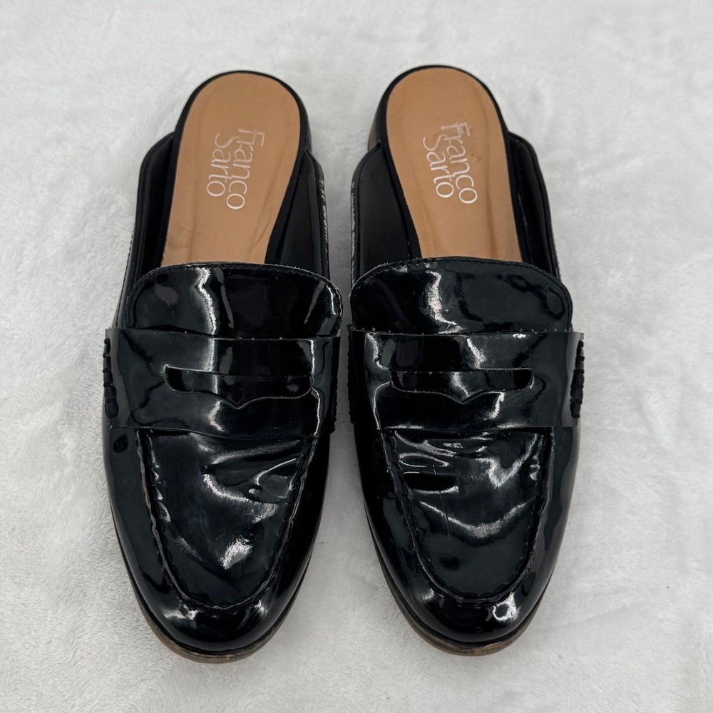 Franco Sarto Womens Black Patent Leather Penny Loafer Mules Slip On Shoes Size 9